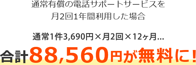 通常有償の電話サポートサービスを、月2回1年間利用した場合 通常1件3,690円×月2回×12ヶ月 合計88,560円が無料に！