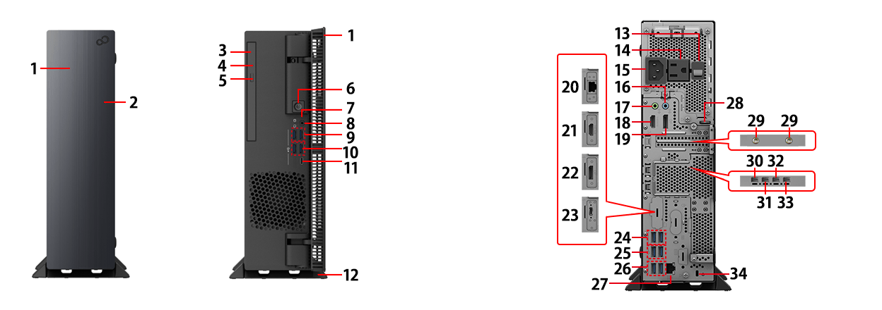パソコン本体前面、背面